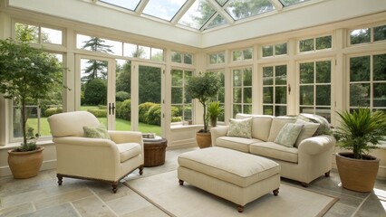 Sunroom Interior Design Cream Sofa, Glass Roof, Garden View, Beige Floor,Potted Plants, Sunroom Decor Sunroom, Conservatory