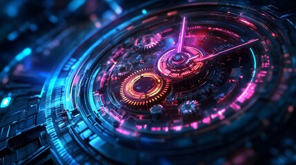 A futuristic clock with moving gears and glowing neon lights, symbolizing the passage of time