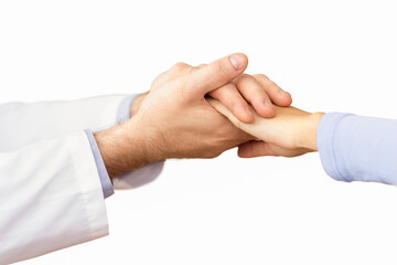 Obraz premium Checkup and Support Concept. Close up of male doctor comforting patient, hands isolated over white background