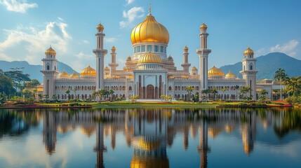Fototapeta premium Golden Mosque Reflection, Sunrise, Asian Landscape, Travel