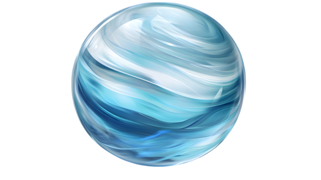 A glass sphere filled with shimmering blue liquid, creating a dynamic texture with subtle reflections and transparency, centered on a transparent background 