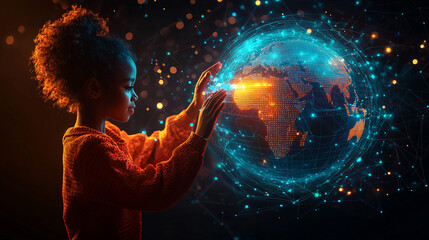 Girl gently holds a glowing digital Earth.