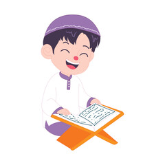 Happy child reading the Quran during Ramadan, sitting peacefully with a joyful expression of devotion.