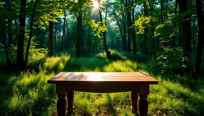 Naklejka premium Nature's Gathering: A Table and Chairs in the Forest