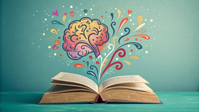 Colorful Brain Exploding from Open Book, Teal Background, Creative Concept, Book Illustration, Mind Power Brain, Knowledge