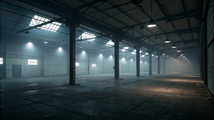 Obraz premium Dark Industrial Warehouse Long Exposure, Concrete Floor, Moody Atmosphere, 3D Render, Architectural Photography Industrial, Warehouse