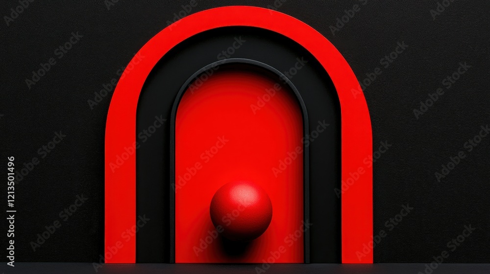 Poster red and black archway with sphere: a striking minimalist composition featuring a vibrant red sphere 