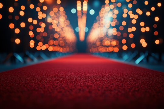 Elegant award ceremony atmosphere with blurred lights and audience showcasing red carpet.