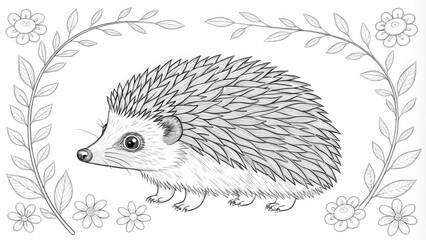 Hedgehog in Floral Frame Line Art Illustration, Black and White, Nature, Animal, Coloring Page Hedgehog, Line art