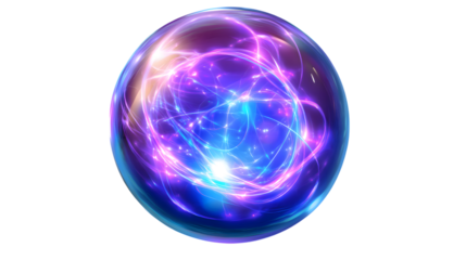 A glowing plasma sphere with swirling electric currents trapped inside, emitting a vibrant blue and purple glow, positioned centrally on a transparent background 