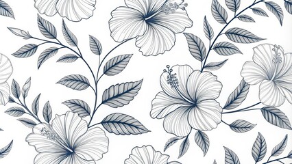 Obraz premium Navy Blue Line Art Hibiscus Floral Seamless Pattern, White Background, Botanical Illustration, Elegant Design Hibiscus, Floral Pattern