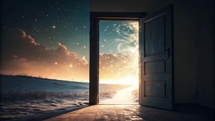 Fototapeta premium Open Door to Starry Night Digital Art Composition, Fantasy Landscape, Mystical Path, Doorway to Another World Fantasy art, Surrealism
