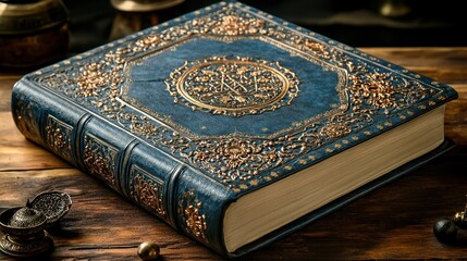 Fototapeta premium Ornate blue leather journal on wood, mystical background, publishing