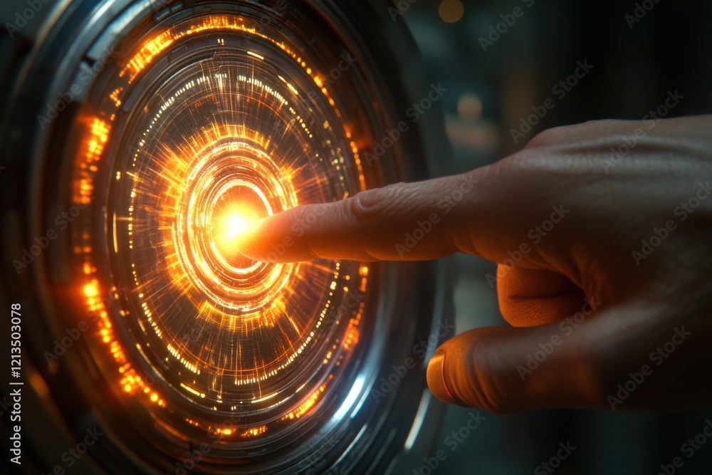 Poster close-up shot of a robotic finger gently pressing a digital holographic button with data waves radia