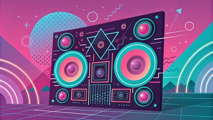 Obraz premium Retro Synthwave Stereo System 80s Geometric Composition, Neon Colors, Abstract Background. ,Synthwave,Retrofuturism