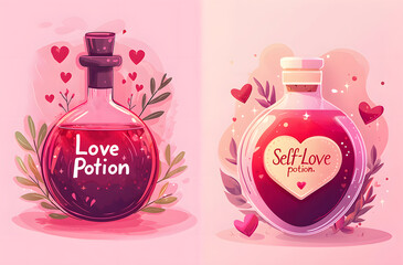 Two cartoon-style potion bottles labeled "Love Potion" and "Self-Love Potion" with hearts and leaves, perfect for Valentine's Day or self-care themed designs