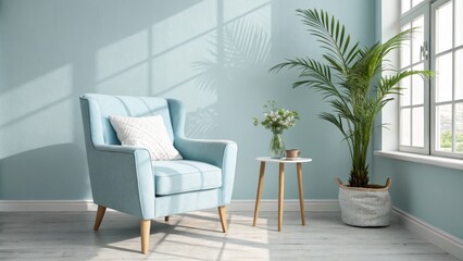 Sunlit Room Blue Armchair, Side Table and Palm Plant, Interior Design, Home Decor Interior Design, Home Decor