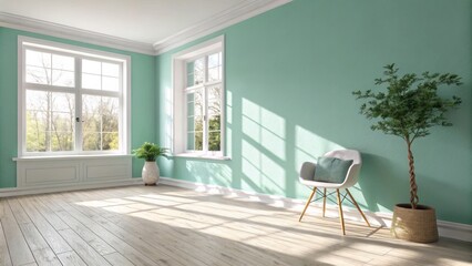 Fototapeta premium Sunlit Mint Room Interior Wooden Floor, White Chair, Plants, Window, Interior Design, Home Decor Interior Design, Room Decor