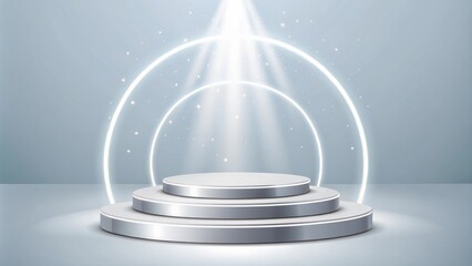 Three-Tiered Silver Podium with Neon Rings and Spotlight, Product Display, Mockup Product Showcase, Stage Design