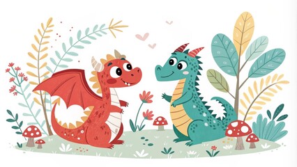 Two Cute Dragons in a Floral Garden Digital Illustration, Pastel Colors, Whimsical, Children's Book ,Dragons, Illustration