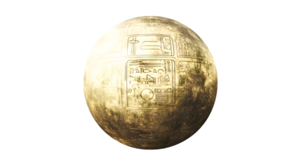A golden sphere with intricate engraved patterns of ancient symbols and lines, resembling an artifact, centered on a transparent background 