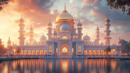 Majestic Mosque Sunset Reflection, Peaceful Landscape