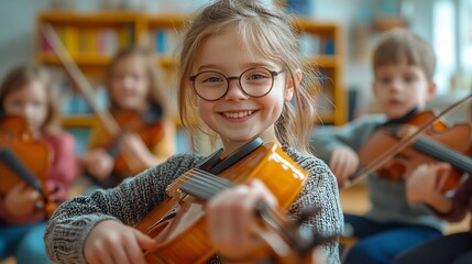 Happy girl learning violin in classroom, music lesson