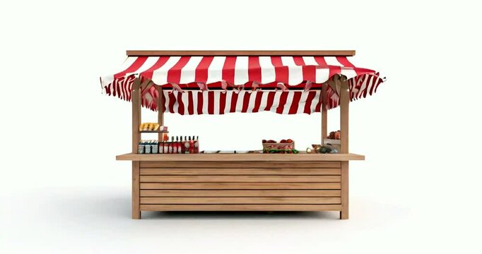 Wooden market stall, red awning, food, white background, retail