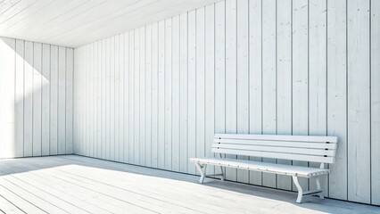 White Wooden Bench Against White Wall Minimalist Composition, Bright Sunlight, Peaceful Concept, Interior Design. Minimalism, White Wood