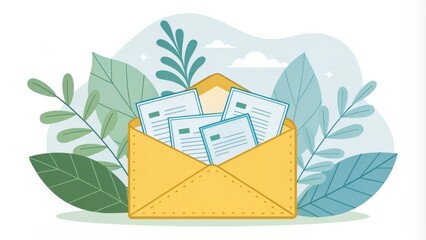 Yellow Envelope with Documents Flat Illustration, Nature Concept, email, document email marketing, digital communication