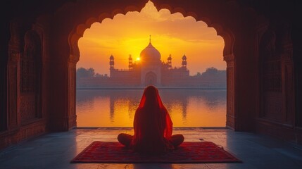Woman meditating sunrise Taj Mahal India travel