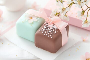 chocolate-covered marshmallows with glittering sugar and floral pouches