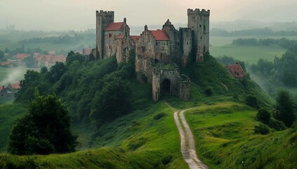 Misty Hilltop Castle: A Fairytale Landscape