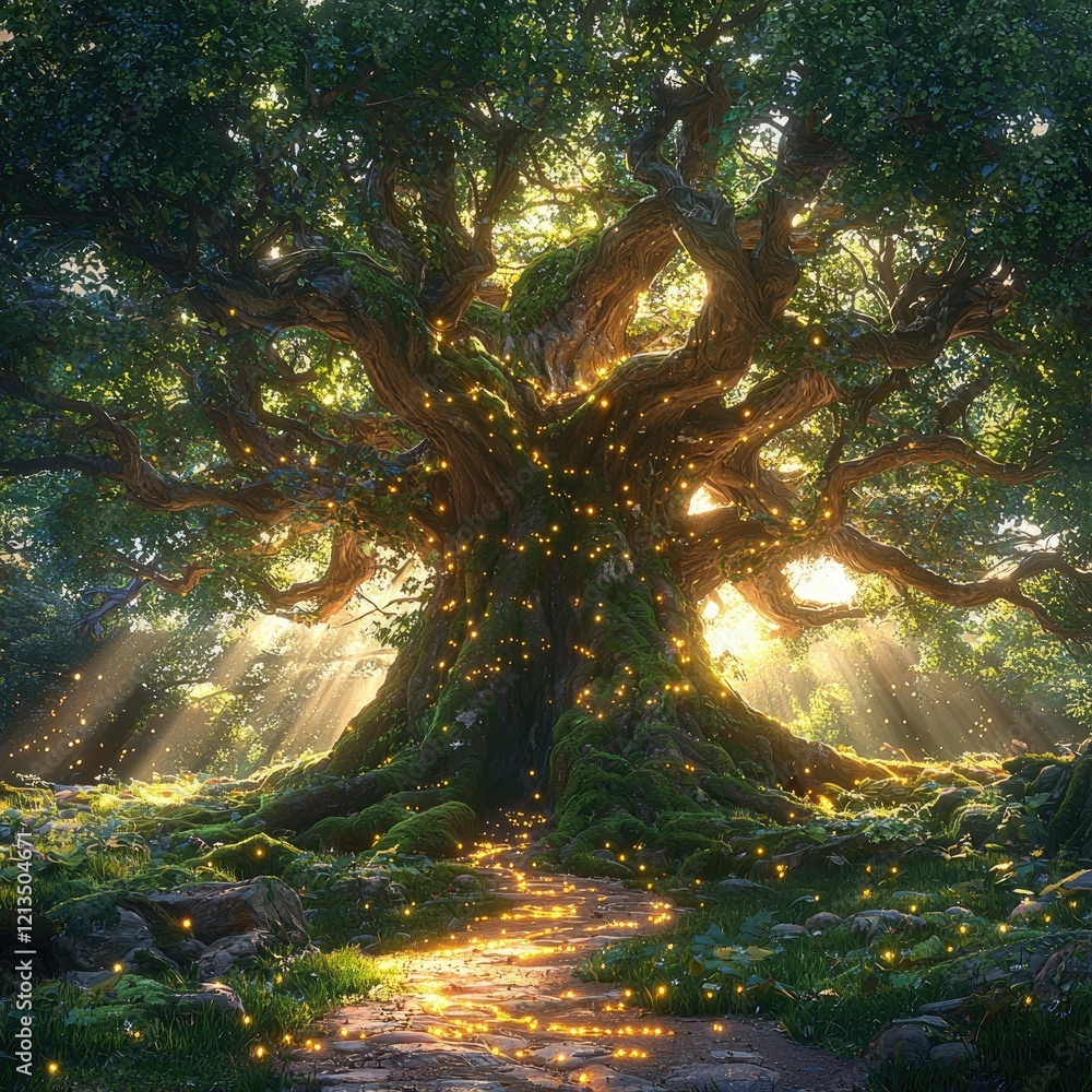 Poster enchanting ancient tree with glowing path