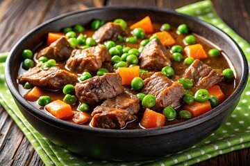 Stewed beef, carrots, peas, green onions.  Black bowl, tilt-shift, AI.