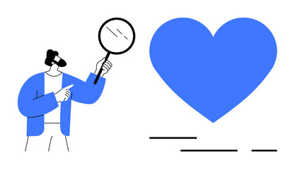 Person holding magnifying glass pointing at large blue heart, representing focus on healthcare analysis and quality. Ideal for medical research, healthcare quality, relationship advice, charity