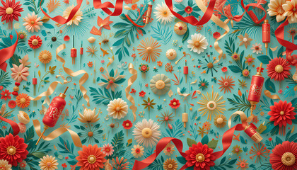 Festive batik designs with intricate patterns of firecrackers, flowers and ribbons