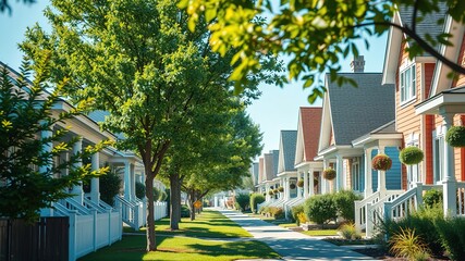 Naklejka premium Suburban Homes - Sunny Day, Colorful Street Scene, AI Photo