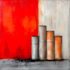 Abstract artwork with cylindrical shapes in gray and orange against a bold red background