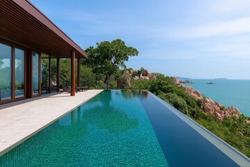 Fototapeta premium Modern Luxury Villa with Infinity Pool Overlooking Scenic Seaside Landscape
