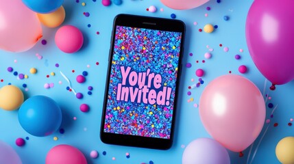 A set of digital birthday invitations on a phone screen, with vibrant colors, balloons, and the words "You're Invited!" 
