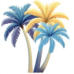 Obraz premium Serene Stylized Palm Trees: Blue, Gray, and Golden Yellow Fronds Against a White Background