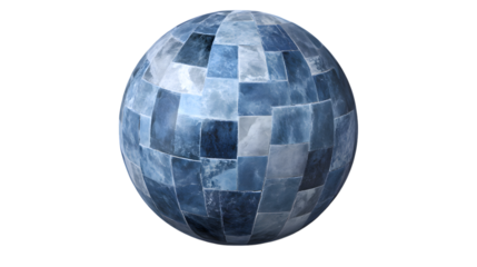 A patterned sphere made of interlocking ceramic tiles in shades of blue and white, representing a mosaic design, placed in the center on a transparent background 