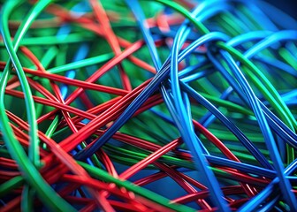 Tilt-shift view of vibrant 3D wiresâ€”green, red, blueâ€”against a blue background.