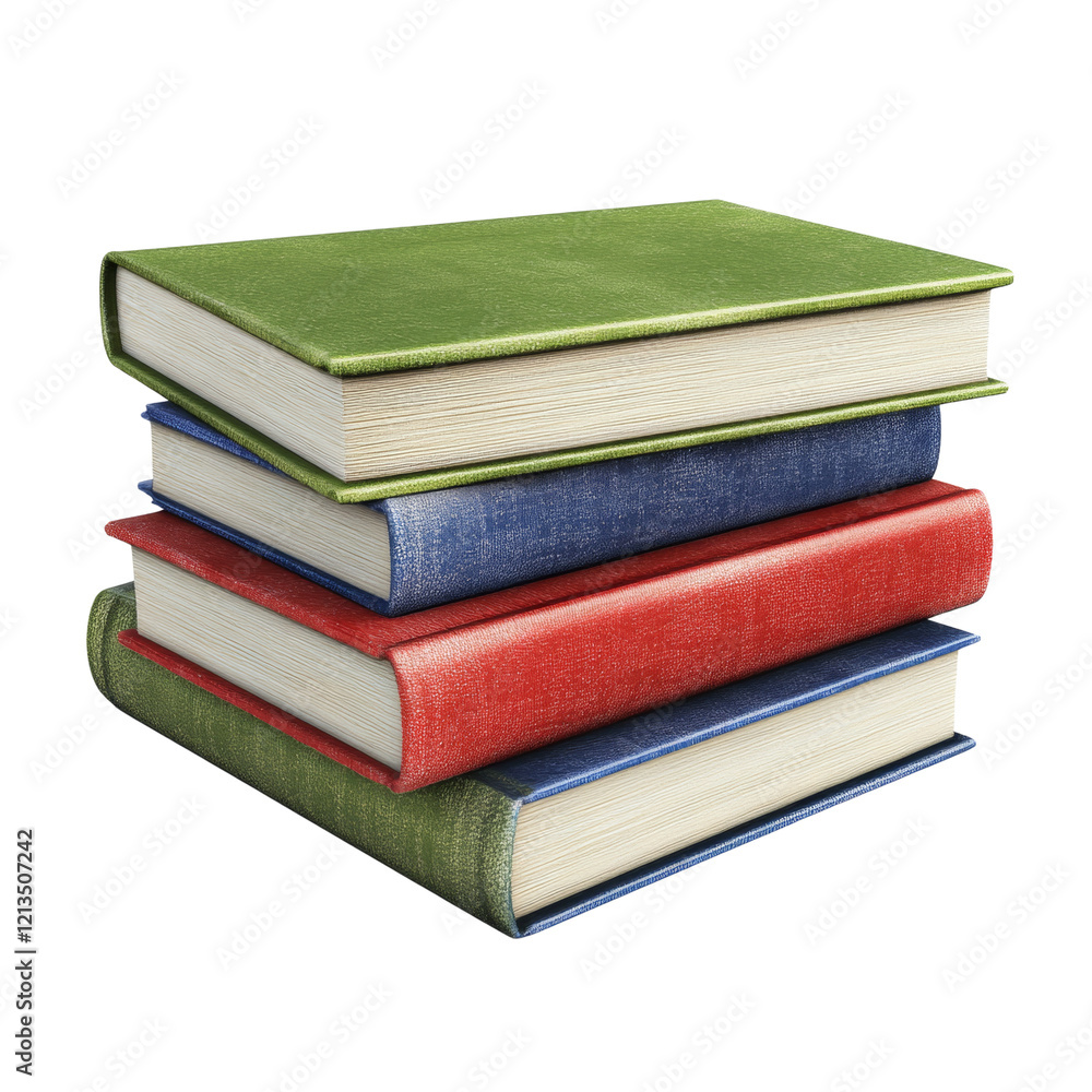 Poster a digitally rendered image shows a neat stack of four hardback books with different colored covers.