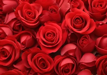 Obraz premium Red roses, beautifully arranged in a dense composition, creating an atmosphere of passion and love. Photos are perfect for expressing emotions on Valentine's Day.
