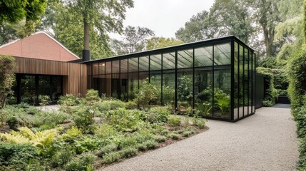 Obraz premium Modern Glass Conservatory in Lush Garden