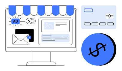 Desktop screen under storefront awning with money, email, ad, and card icons. Ideal for e-commerce, digital marketing, online payments, advertising, email management financial transactions abstract