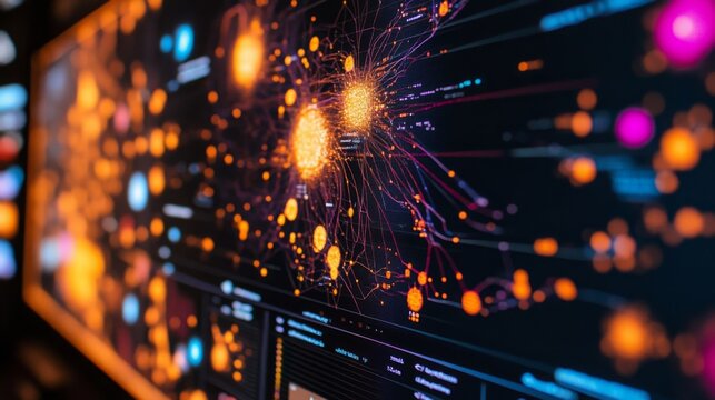 Colorful nodes and lines depict complex data relationships on a digital screen during a technology demonstration, showcasing the interaction of information in real-time analysis and visualization.