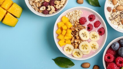 Fototapeta premium Colorful bowls of fruits, nuts, and granola on a light blue background. Healthy breakfast bowl recipe.
